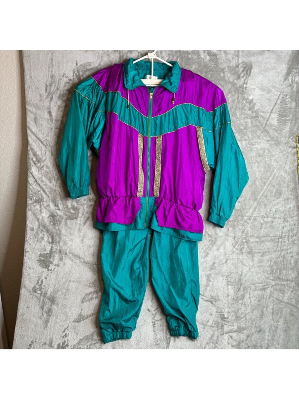 Bocoo 80s Two-Piece Tracksuit Teal & Purple Windbreaker Jacket & Pants Set L - Picture 2 of 10
